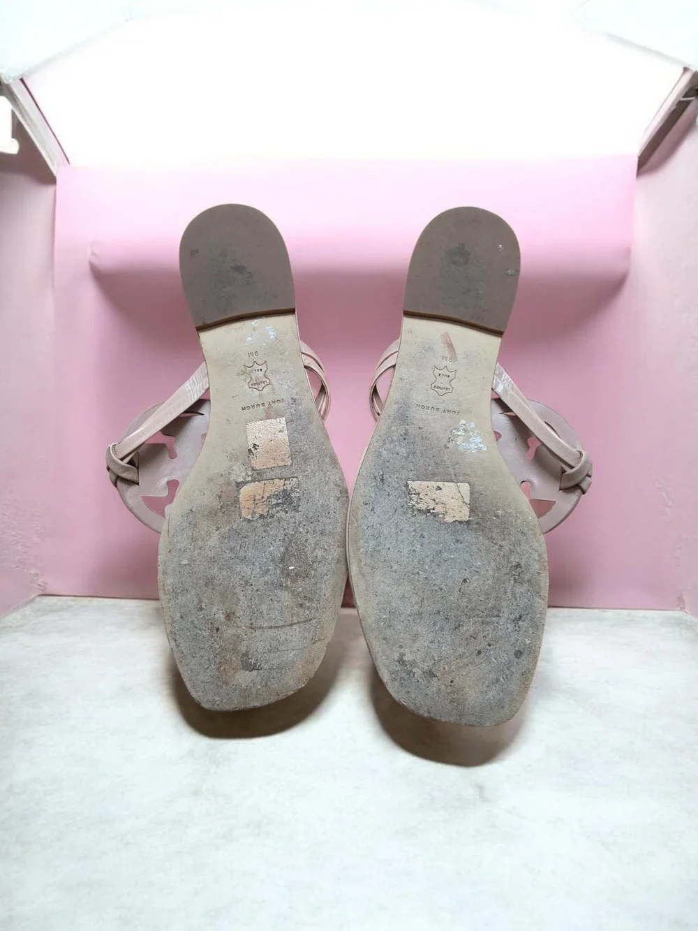 Tory Burch Light Taupe Miller Thong Sandals with Gold Logo Medallions